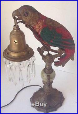 Art Deco Cast Iron Parrot Table Lamp Figural Iron Parrot Onyx Ball, Glass Prisms