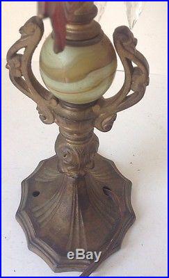 Art Deco Cast Iron Parrot Table Lamp Figural Iron Parrot Onyx Ball, Glass Prisms