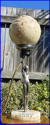 Art Deco Chrome & Alabaster Nude Lady Diana Lamp & Marbled Glass Light Shade