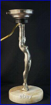 Art Deco Chrome & Alabaster Nude Lady Diana Lamp & Marbled Glass Light Shade
