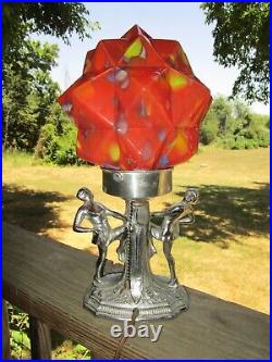 Art Deco Chrome Dancing Flapper Girls Lady Lamp With Czech Glass Globe Light Shade