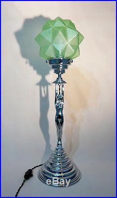 Art Deco Chrome Diana / Frankart Lady Lamp, Green Satin Glass Czech Star Shade
