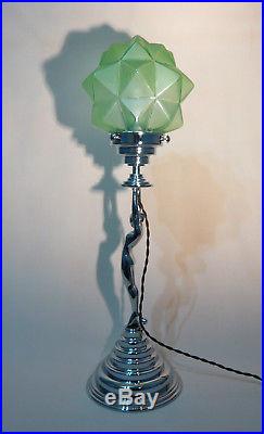 Art Deco Chrome Diana / Frankart Lady Lamp, Green Satin Glass Czech Star Shade