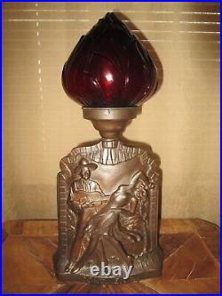 Art Deco Continental Dancers Lamp With Cherry Red Flame Glass Shade