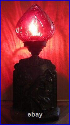 Art Deco Continental Dancers Lamp With Cherry Red Flame Glass Shade