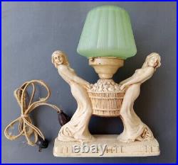 Art Deco DOUBLE LADY Figural Metal Lamp -With Green Glass Globe 1930s