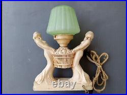 Art Deco DOUBLE LADY Figural Metal Lamp -With Green Glass Globe 1930s