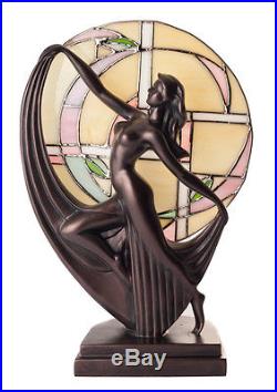 Art Deco Dancer Bronze Resin Lady Figure Lamp Glass Tiffany