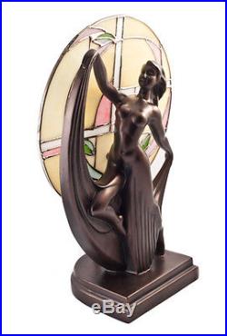 Art Deco Dancer Bronze Resin Lady Figure Lamp Glass Tiffany