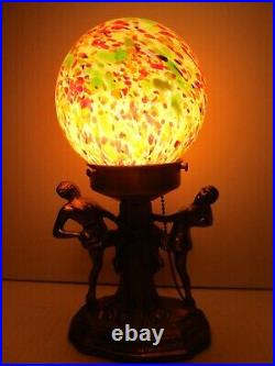 Art Deco Dancing Flapper Girls Lady Lamp With Marked Czech Glass Globe Light Shade