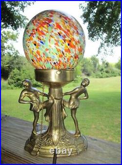 Art Deco Dancing Flapper Girls Lady Lamp With Marked Czech Glass Globe Light Shade