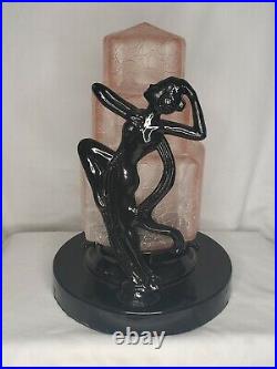 Art Deco Dancing Silhouette Lady Lamp with Pink Crackle Glass Waterfall Shade