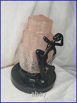 Art Deco Dancing Silhouette Lady Lamp with Pink Crackle Glass Waterfall Shade