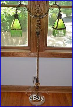 Art Deco Double Bridge Arm Lamp Green Slag Glass Shades Floor Lamp