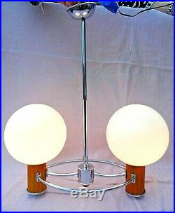 Art Deco Double Lamp Chrome Pendant Ceiling Light With Glass Globe Shades Vgc