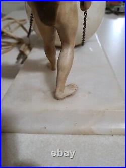 Art Deco Figural 2 Painted Bronze Men Glass Ball Lamp Needs Rewired See Flaws