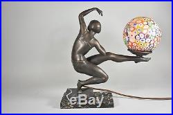 Art Deco Figural Dancer Lamp Millefiori Glass Ball Shade Marble Base