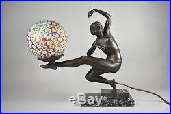 Art Deco Figural Dancer Lamp Millefiori Glass Ball Shade Marble Base