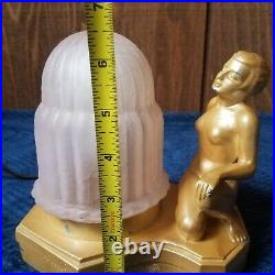 Art Deco Figural Lamp Pat Pend Gold Color With Glass Vintage Lamp