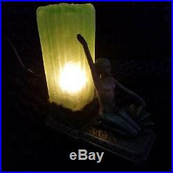 Art Deco Figural Lamp with Green Glass Pillar Shade