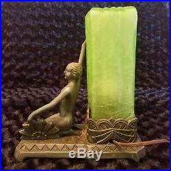 Art Deco Figural Lamp with Green Glass Pillar Shade