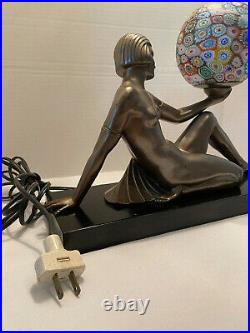 Art Deco Figural Nude Lady bronze lamp with round Millefiori Glass Globe