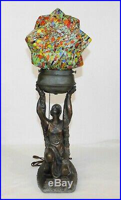 Art Deco Figural Woman Bronzed Spelter Lamp Czech Spatter Glass Starburst Shade