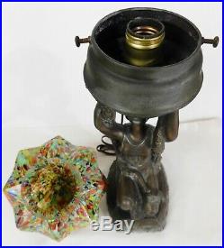 Art Deco Figural Woman Bronzed Spelter Lamp Czech Spatter Glass Starburst Shade