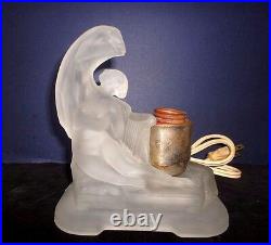 Art Deco Frosted Glass Table Lamp of Nude Woman Lady Figure for Boudior Vanity