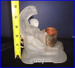 Art Deco Frosted Glass Table Lamp of Nude Woman Lady Figure for Boudior Vanity
