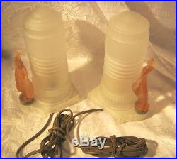 Art Deco Frosted Glass Table Lamps Pair With Pink Figures Vintage Rare