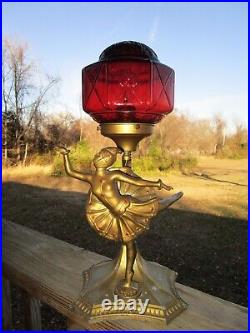 Art Deco Gerdago Lady Dancer Figural Lamp With Vtg. Ruby Red Glass Shade