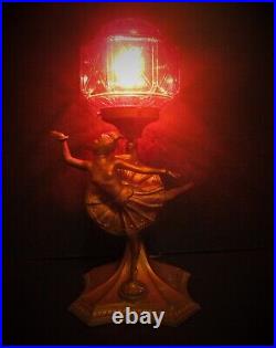 Art Deco Gerdago Lady Dancer Figural Lamp With Vtg. Ruby Red Glass Shade