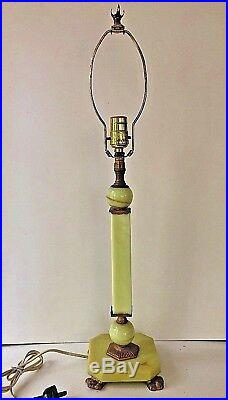 Art Deco Green Agate Slag Glass Table Lamp Vintage Antique brass Accents