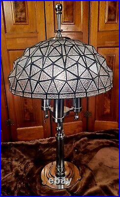 Art Deco Impressive Leaded Glass Geometric Lamp with Chrome Base