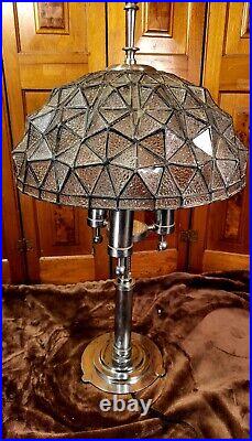 Art Deco Impressive Leaded Glass Geometric Lamp with Chrome Base