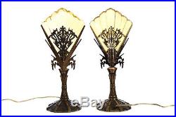 Art Deco Intricate bronze lamp c. 1930s withGlass Fan shade-a pair