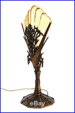 Art Deco Intricate bronze lamp c. 1930s withGlass Fan shade-a pair