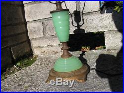 Art Deco JADEITE glass parlor table LAMP, green cast iron base Houze