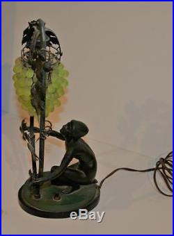 Art Deco Kneeling Nude Glass Grapes Leaves Green Metal Lamp Frankart Germany