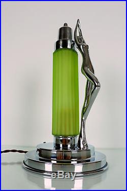 Art Deco Lady Lamp, 1930s Machine age Chrome, Bakelite, Uranium Glass Shade