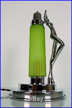 Art Deco Lady Lamp, 1930s Machine age Chrome, Bakelite, Uranium Glass Shade