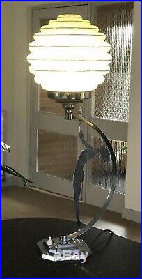 Art Deco Lamp 1920s Light 1930s Green Glass Table Statue Lady Chrome Vaseline
