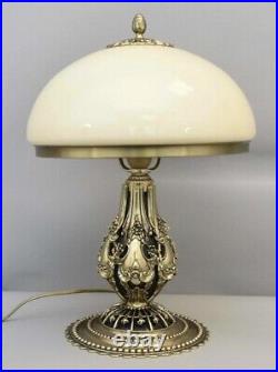 Art Deco Lamp Ornate Gold Gilded Polished Brass Mashroom Glass Shade 17.5 Tall