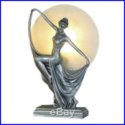 Art Deco Lamp, Silver Table Lamp, Round Glass Shade, Lady Holding Skirt