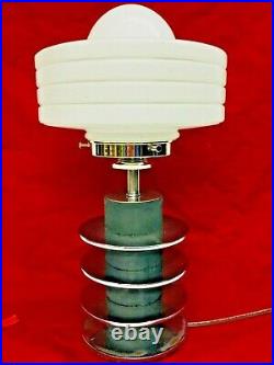 Art Deco Lamp Stacked Chrome Rings, Black Center Column, White Glass Shade