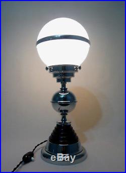 Art Deco Machine Age Chrome Black Bakelite Lamp, Glass Saturn Planet Shade