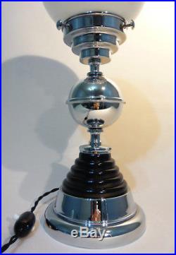 Art Deco Machine Age Chrome Black Bakelite Lamp, Glass Saturn Planet Shade