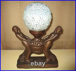 Art Deco No. 248 Double Lady Figural Metal Lamp With Bubble Glass Globe