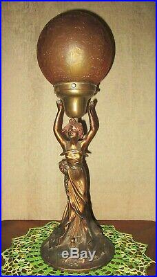 Art Deco Nouveau Lady Figural Lamp With Vintage Amber Glass Globe Light Shade